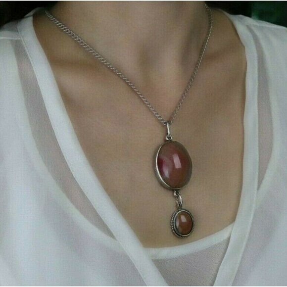 Sterling Silver Apricot Agate Necklace 18.5 inch chain Large Bold - Picture 2 of 8